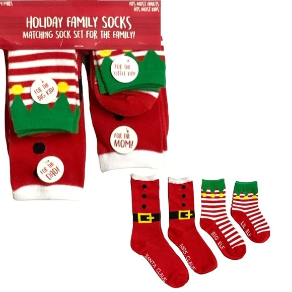 Holiday Family Socks 4 Pack Matching Christmas Set Santa Mrs Clause and 2 Elves - Picture 1 of 15